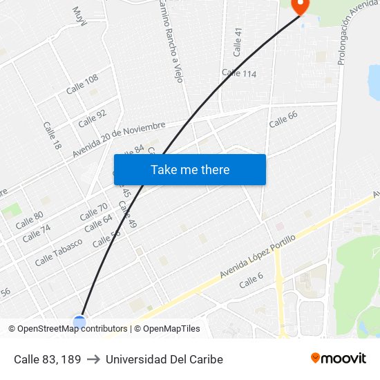 Calle 83, 189 to Universidad Del Caribe map