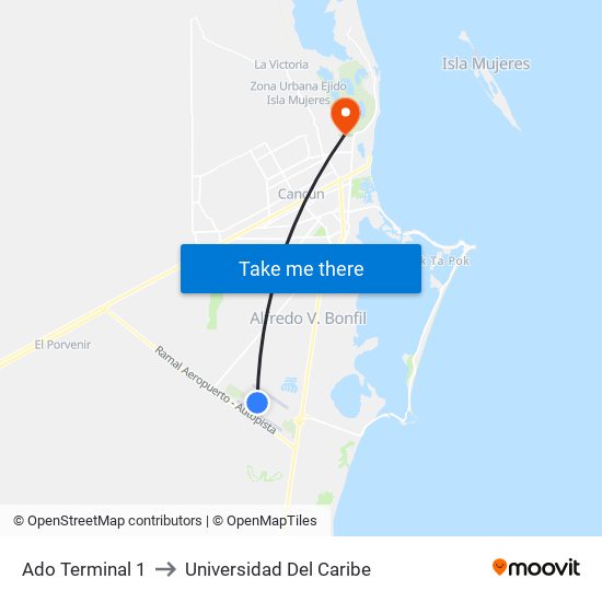Ado Terminal 1 to Universidad Del Caribe map