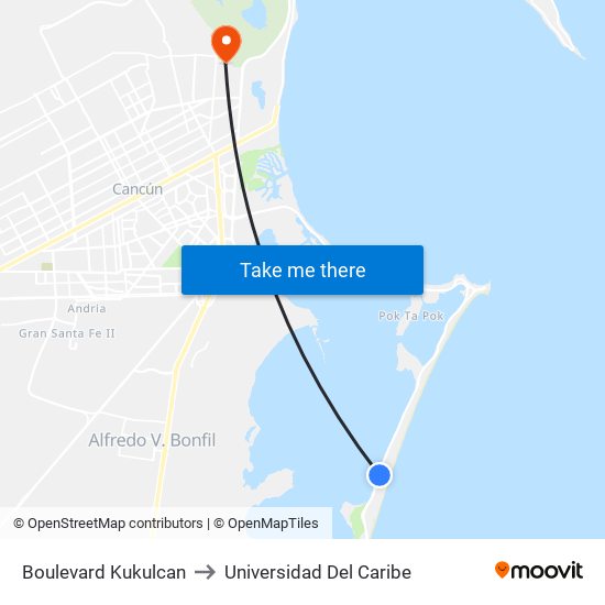 Boulevard Kukulcan to Universidad Del Caribe map