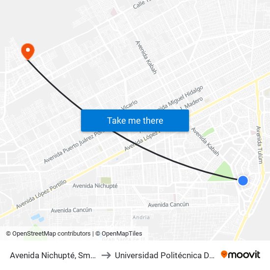Avenida Nichupté, Sm 16 Mz 5 Lt 8 to Universidad Politécnica De Quintana Roo map