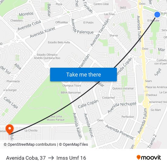 Avenida Coba, 37 to Imss Umf 16 map