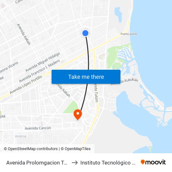 Avenida Prolomgacion Tulum, 1721 to Instituto Tecnológico De Cancún map