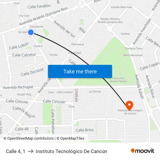 Calle 4, 1 to Instituto Tecnológico De Cancún map