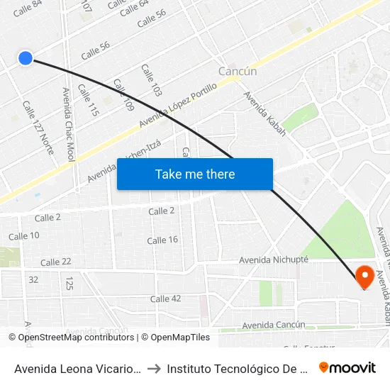 Avenida Leona Vicario, 1187 to Instituto Tecnológico De Cancún map