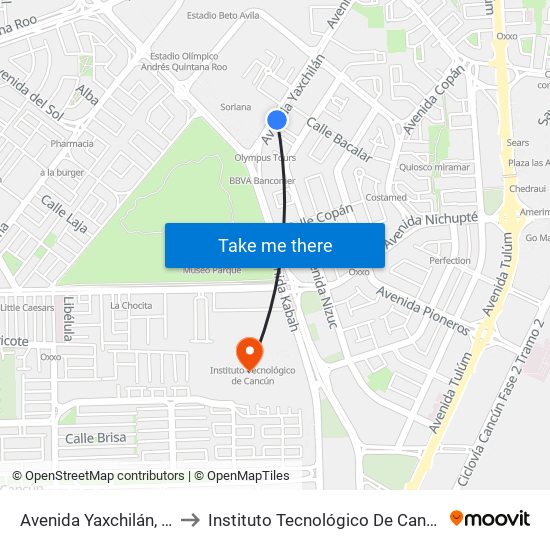 Avenida Yaxchilán, 24 to Instituto Tecnológico De Cancún map