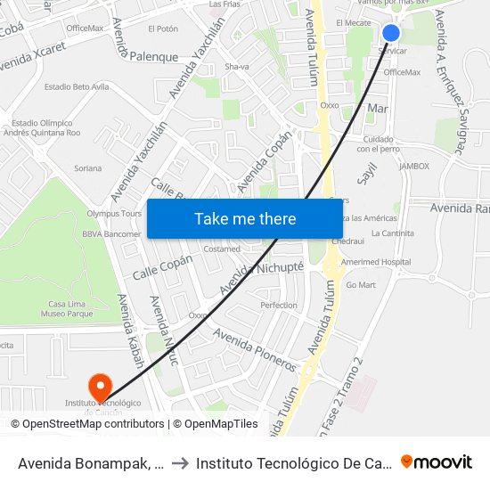 Avenida Bonampak, 177 to Instituto Tecnológico De Cancún map