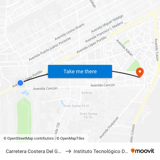 Carretera Costera Del Golfo, 1009 to Instituto Tecnológico De Cancún map