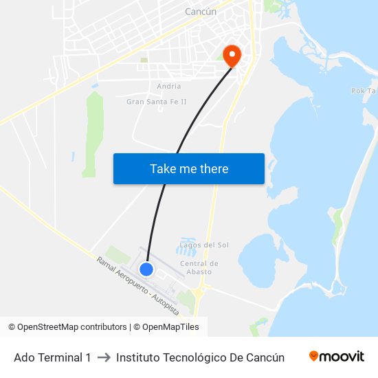Ado Terminal 1 to Instituto Tecnológico De Cancún map