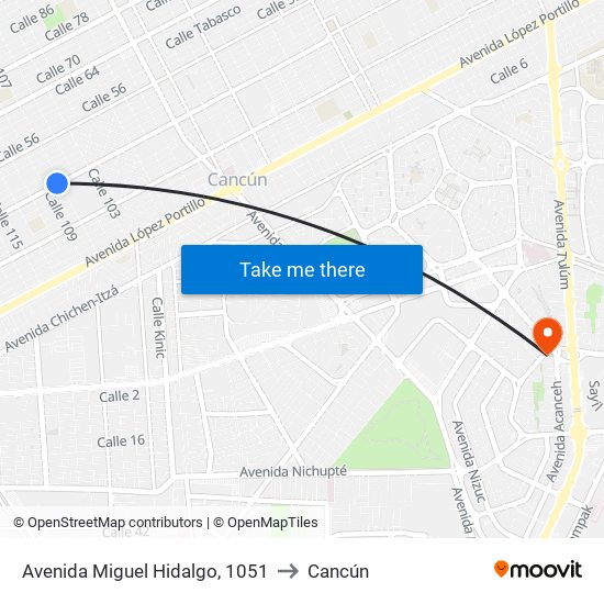 Avenida Miguel Hidalgo, 1051 to Cancún map