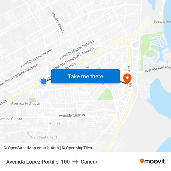 Avenida López Portillo, 100 to Cancún map