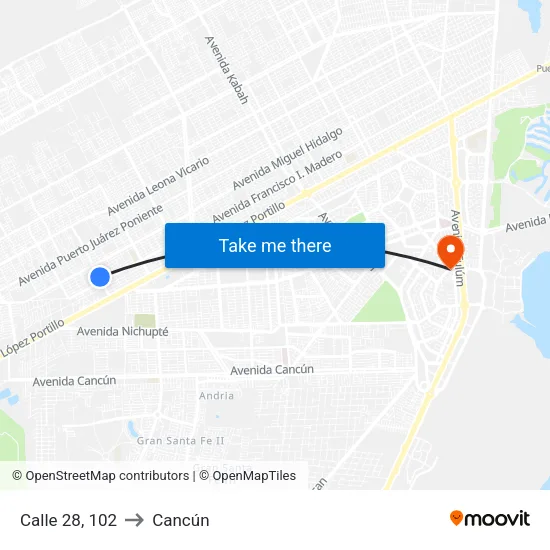 Calle 28, 102 to Cancún map
