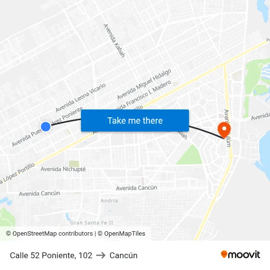 Calle 52 Poniente, 102 to Cancún map