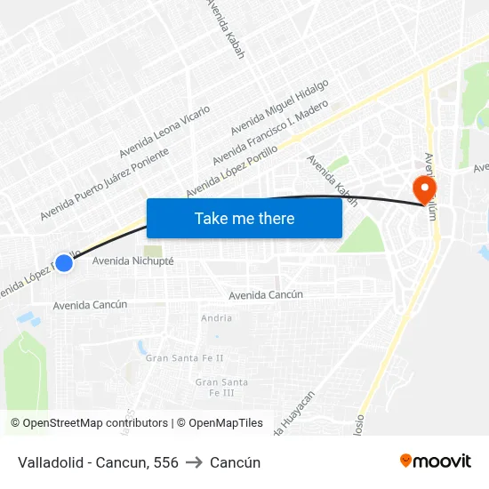 Valladolid - Cancun, 556 to Cancún map