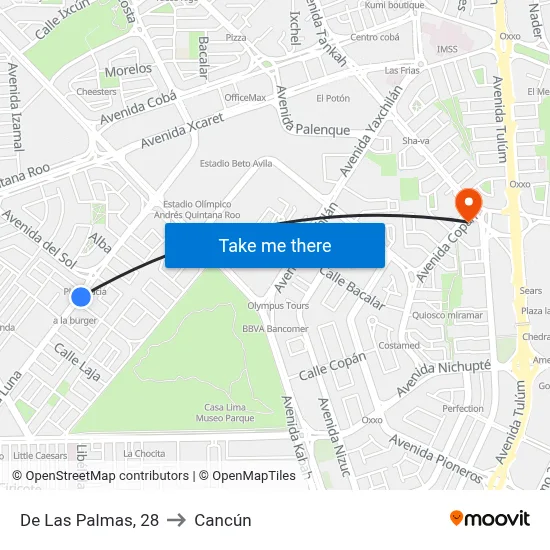 De Las Palmas, 28 to Cancún map