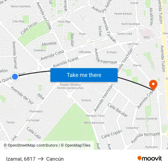 Izamal, 6817 to Cancún map