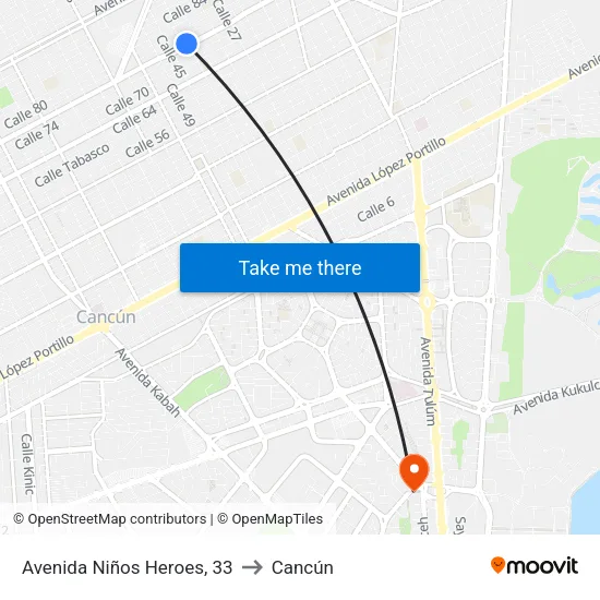 Avenida Niños Heroes, 33 to Cancún map