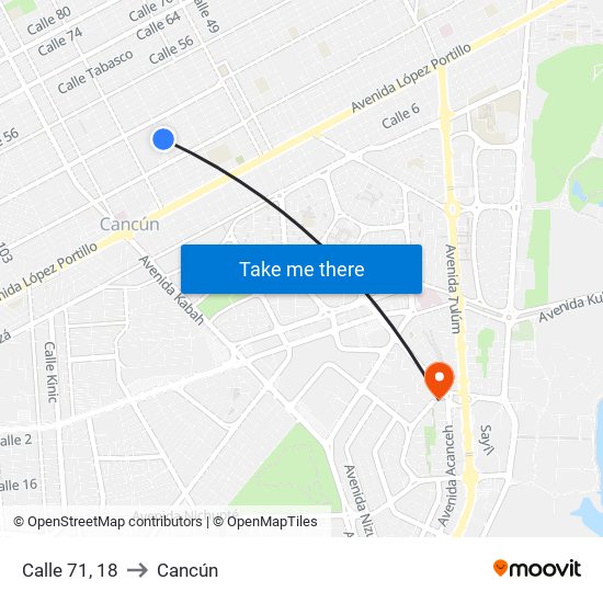 Calle 71, 18 to Cancún map