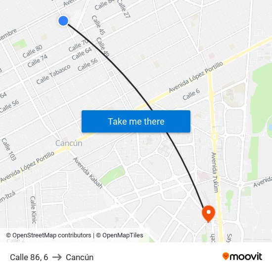 Calle 86, 6 to Cancún map