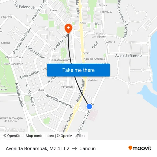 Avenida Bonampak, Mz 4 Lt 2 to Cancún map