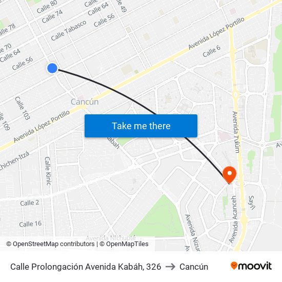 Calle Prolongación Avenida Kabáh, 326 to Cancún map