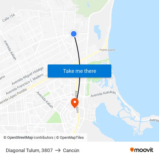 Diagonal Tulum, 3807 to Cancún map