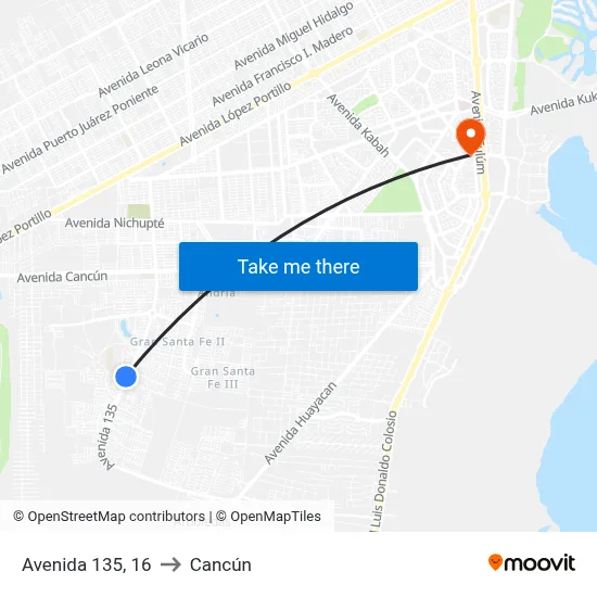 Avenida 135, 16 to Cancún map