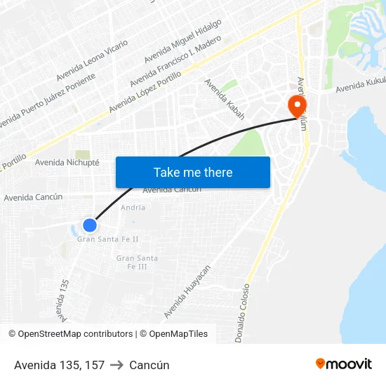 Avenida 135, 157 to Cancún map