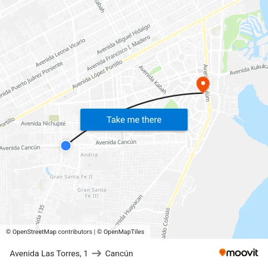 Avenida Las Torres, 1 to Cancún map