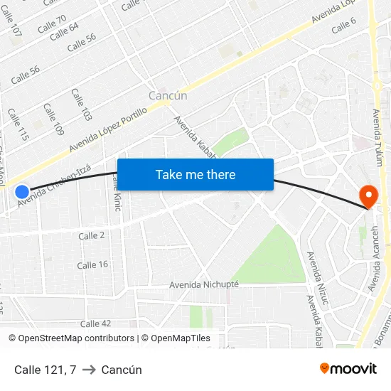 Calle 121, 7 to Cancún map