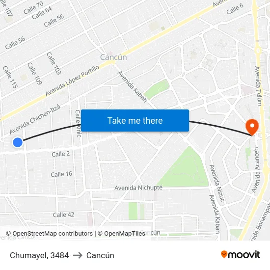 Chumayel, 3484 to Cancún map