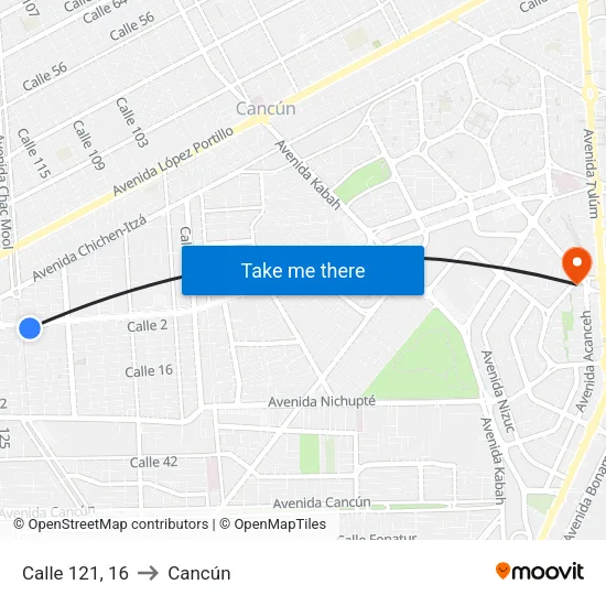 Calle 121, 16 to Cancún map