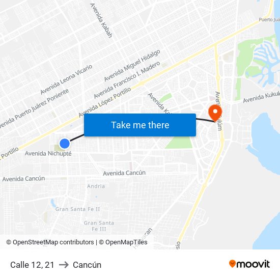 Calle 12, 21 to Cancún map