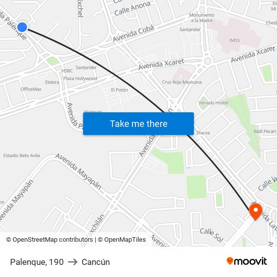 Palenque, 190 to Cancún map