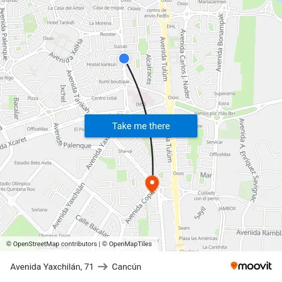 Avenida Yaxchilán, 71 to Cancún map