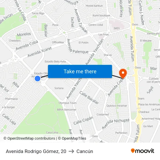 Avenida Rodrigo Gómez, 20 to Cancún map
