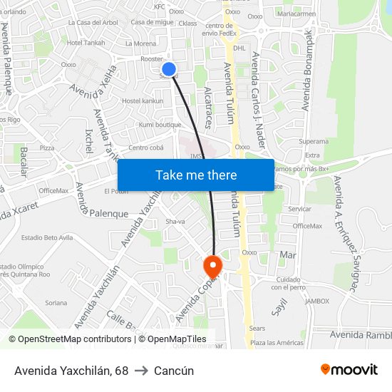 Avenida Yaxchilán, 68 to Cancún map