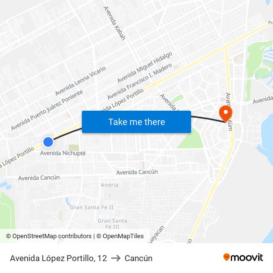 Avenida López Portillo, 12 to Cancún map