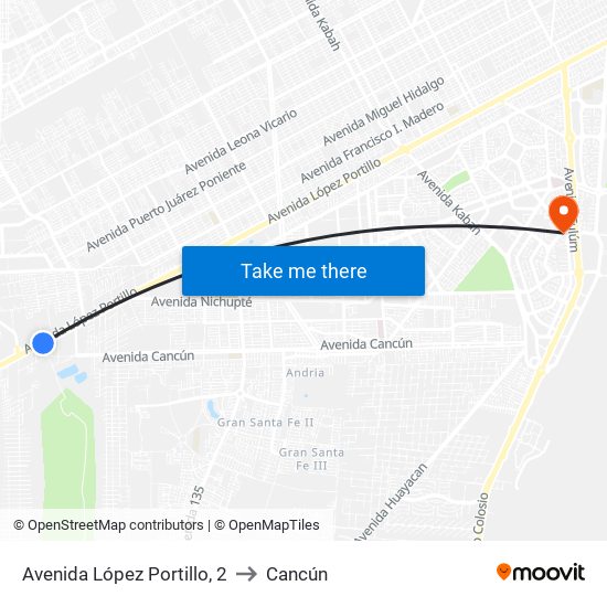 Avenida López Portillo, 2 to Cancún map