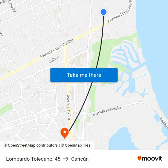 Lombardo Toledano, 45 to Cancún map