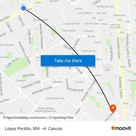 López Portillo, 504 to Cancún map