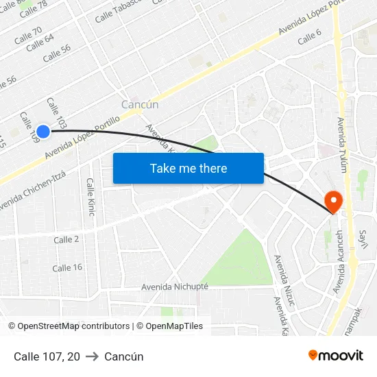 Calle 107, 20 to Cancún map