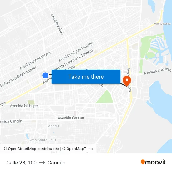 Calle 28, 100 to Cancún map