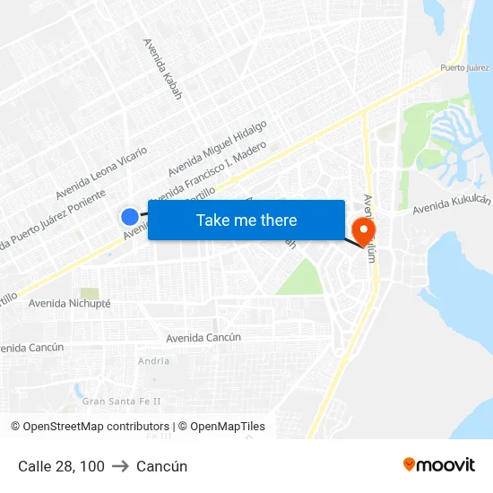Calle 28, 100 to Cancún map