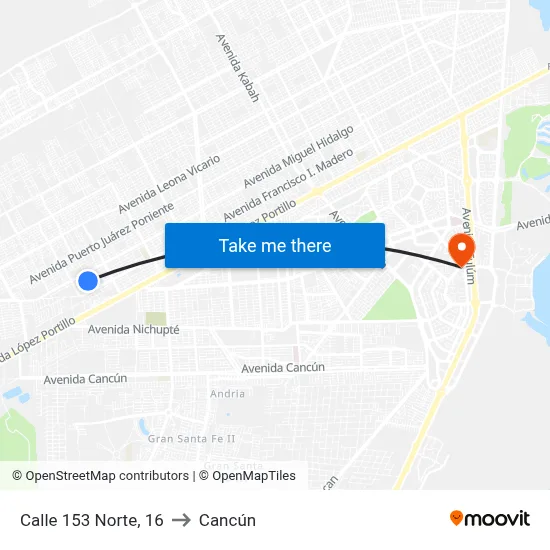 Calle 153 Norte, 16 to Cancún map