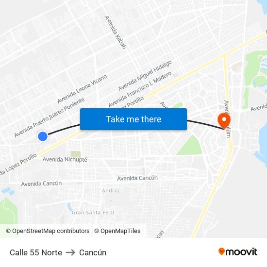 Calle 55 Norte to Cancún map