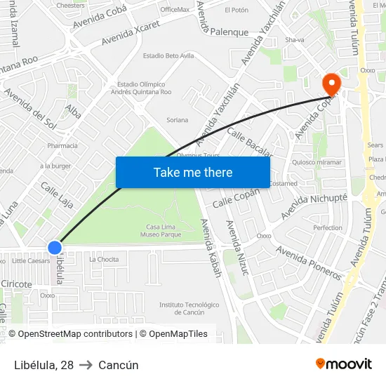 Libélula, 28 to Cancún map