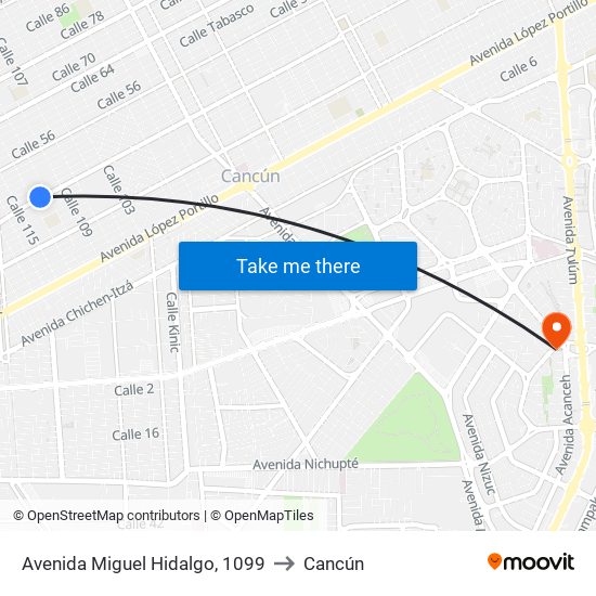Avenida Miguel Hidalgo, 1099 to Cancún map