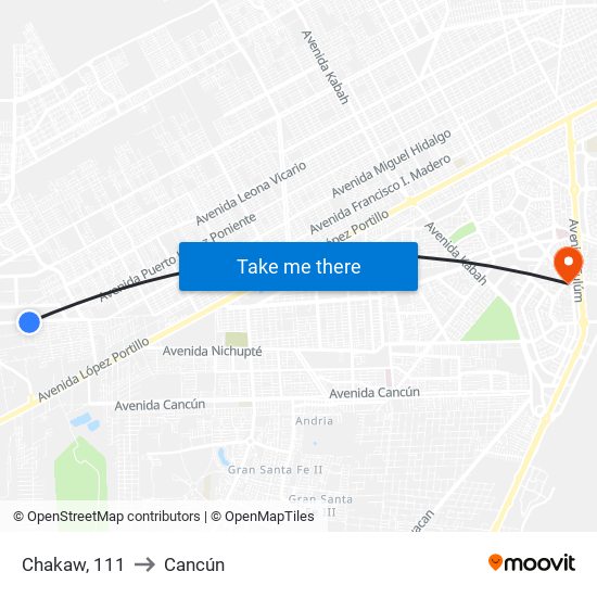 Chakaw, 111 to Cancún map