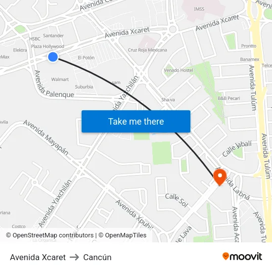 Avenida Xcaret to Cancún map