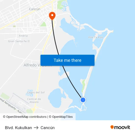 Blvd. Kukulkan to Cancún map